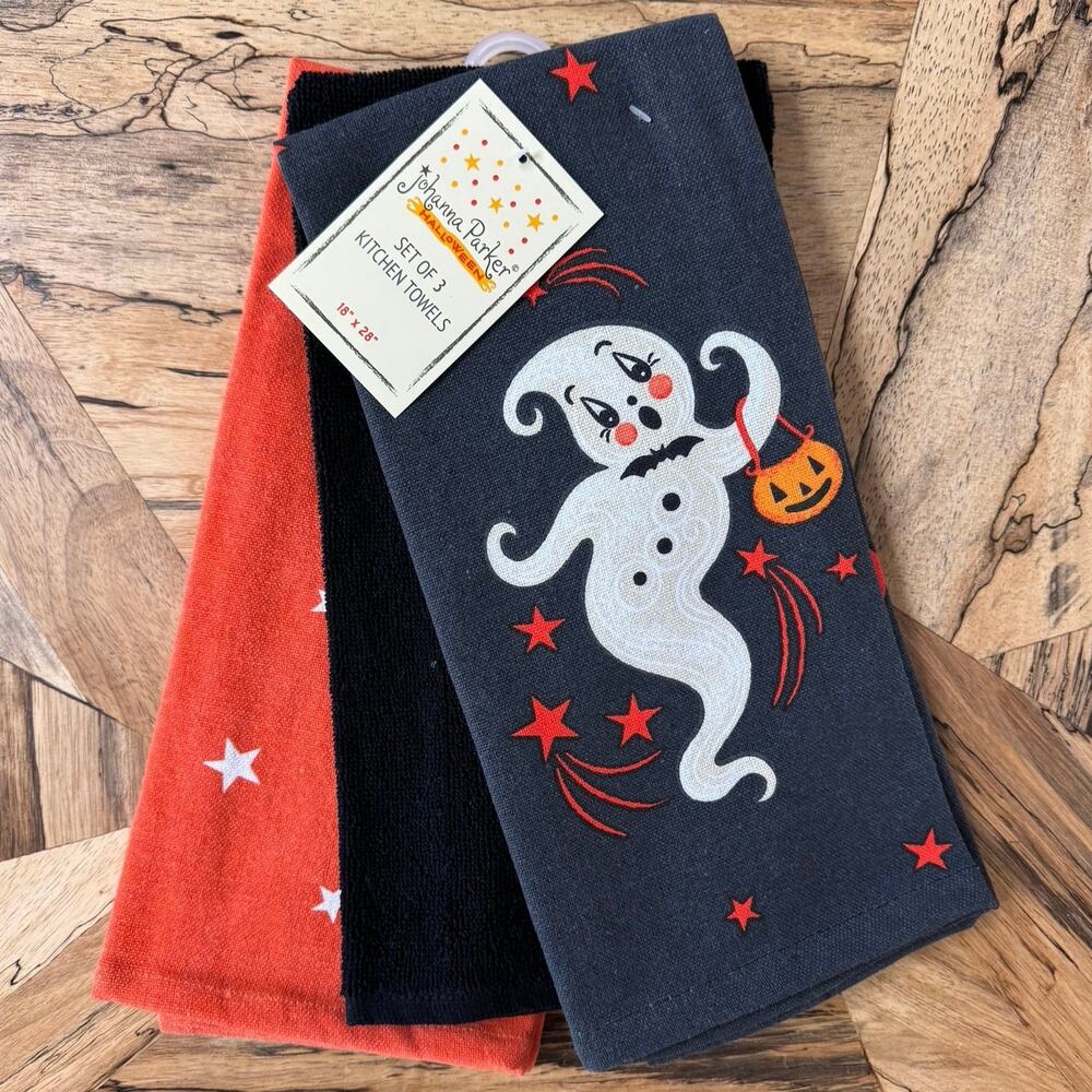 Johanna Parker Halloween Kitchen Towels Set of 3 Witch Ghost Orange Black NWT
